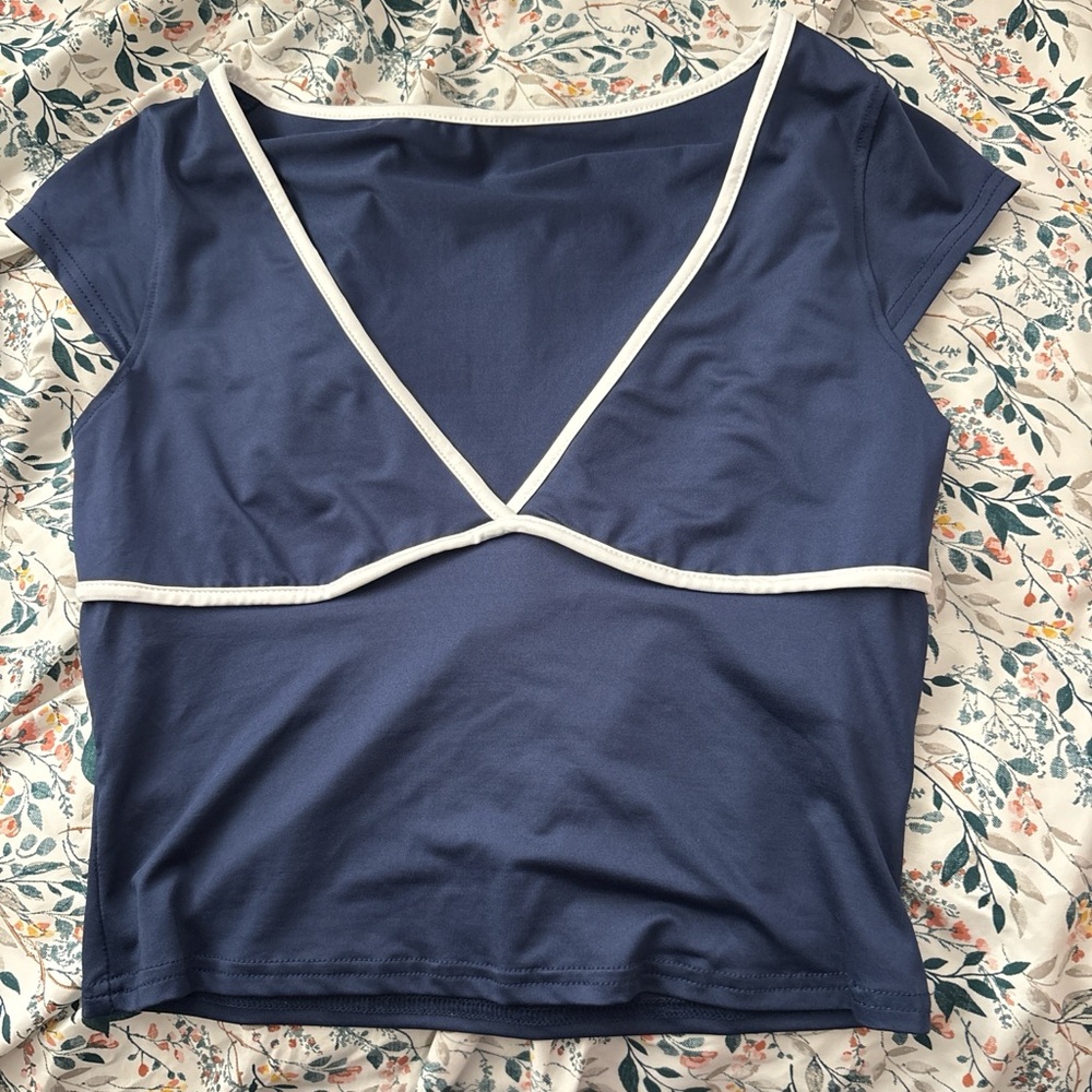 Navy Blue Women's Blouse with White Trim
